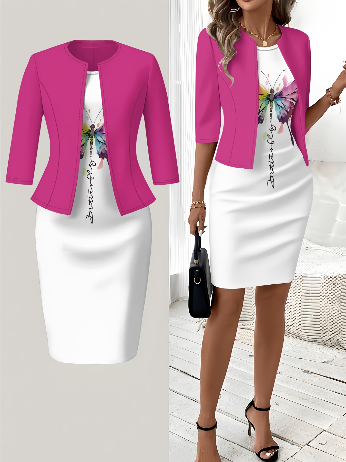 Winter Clothing Ladies - สไตล์ฤดูใบไม้ร่วงและฤดูหนาว ชุดเดรสสีขาวพิมพ์ลายผีเสื้อ สไตล์วันหยุด สไตล์หรูหรา ชุดเดรสคอกลม