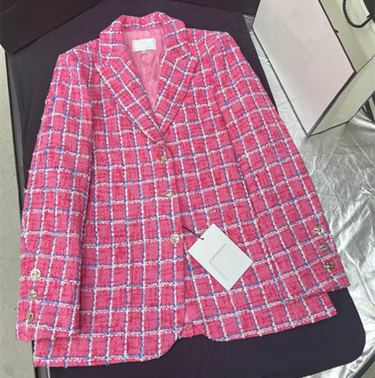 Clothing Style Winter - เสื้อโค้ทสั้นผ้าทวีดลายตารางสีชมพู แขนยาว ติดกระดุมเม็ดเดียว สไตล์ยุโรปสำหรับผู้หญิง - คอลเลคชั่นใหม่ประจำฤดูร้อนปี