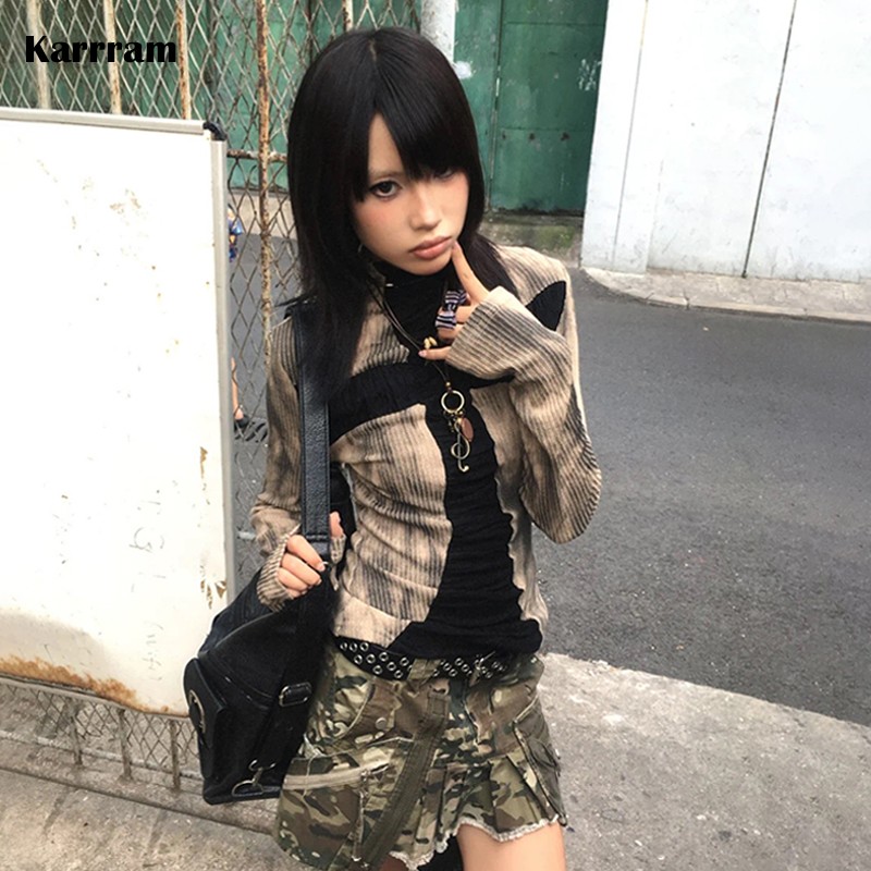 Winter Clothing Aesthetic - Karrramญี่ปุ่นY2k Ribbedเสื้อVINTAGE Harajuku CROSSพิมพ์เสื้อยืดGrungeสุนทรียศาสตร์แขนยาวPatchworkเสื้อถังขยะ 2000s