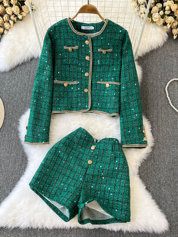 Y2K Winter Clothing - ฤดูใบไม้ร่วงฤดูหนาวผู้หญิง2ชิ้นชุดแฟชั่นสำหรับผู้หญิงหรูหรา Sequins ลายสก๊อต Tweed เสื้อ +