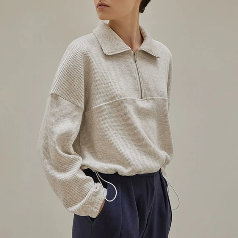 Winter Clothing Aesthetic - วาฟเฟิลผ้าฝ้าย Zip Up Hoodies ถักแขนยาวสายรัดผู้หญิงเสื้อ Pullovers