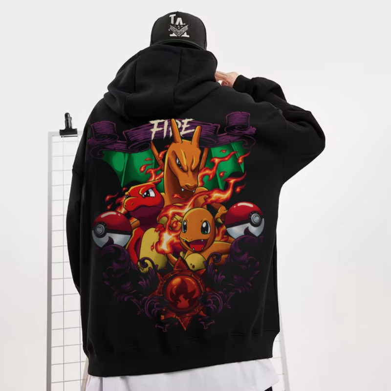 Y2K Winter Clothing - เสื้อฮู้ดกำมะหยี่พิมพ์ลายโปเกมอน ไฟร์ดราก้อน สีดำ ไซส์ใหญ่พิเศษ 4XL สำหรับผู้ชายและผู้หญิง