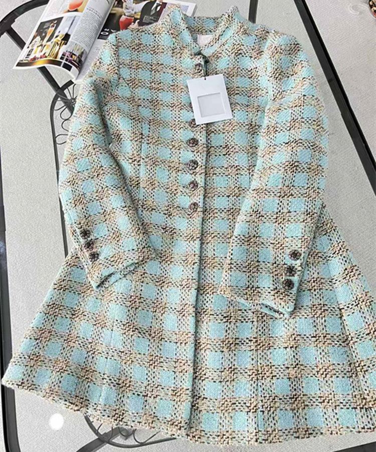 Clothing Style Winter - เสื้อโค้ททวีดลายตารางสีฟ้าอ่อน แขนยาว คอตั้ง ติดกระดุมเม็ดเดียว สไตล์ยุโรปสำหรับผู้หญิง คอลเลคชั่นฤดูร้อนใหม่