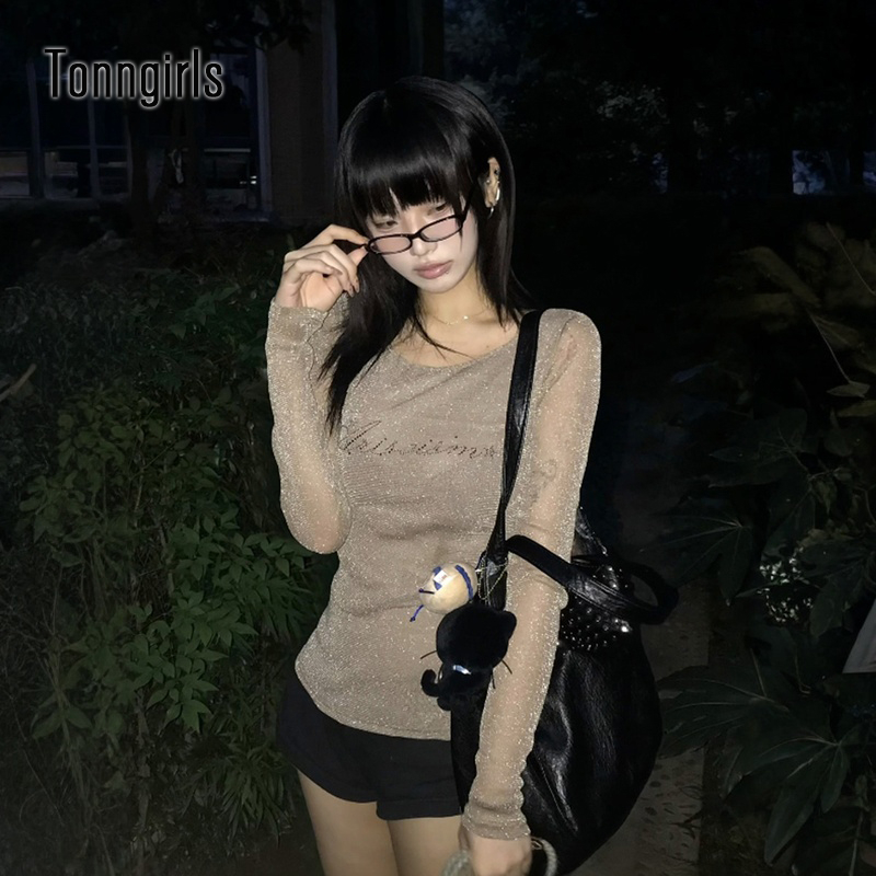 Winter Clothing Aesthetic - เสื้อยืดสไตล์ Y2K สำหรับผู้หญิง ผ้าตาข่ายซีทรู ประดับเพชรระยิบระยับ สไตล์วินเทจ
