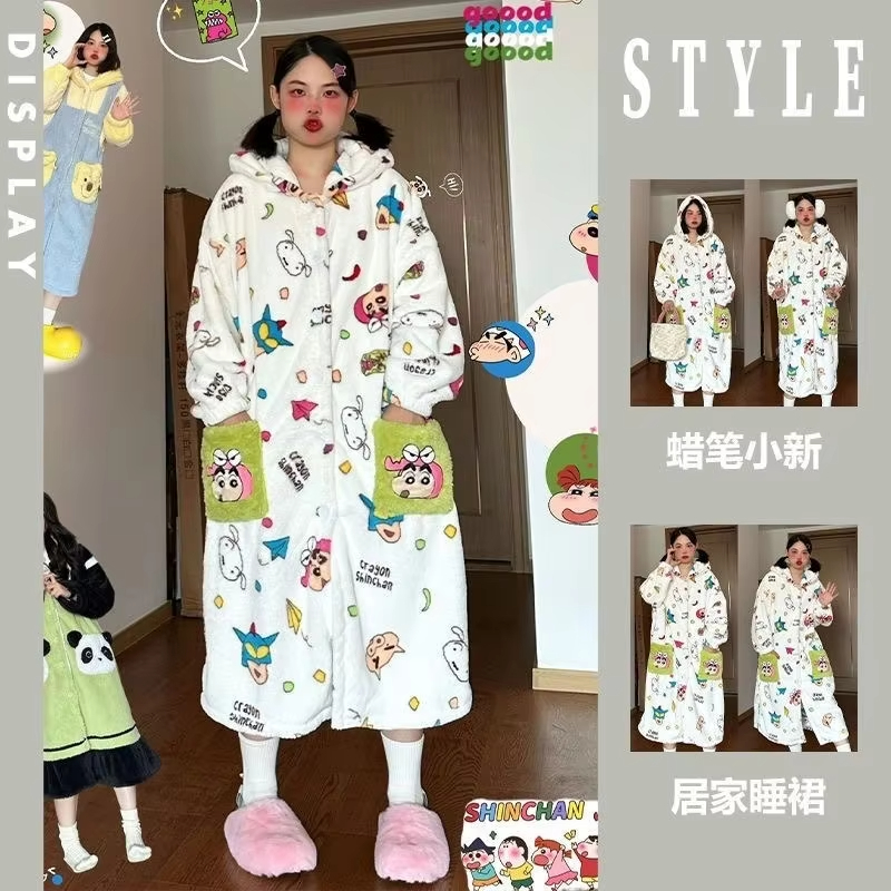 Winter Clothing Cute - ชุดนอนผู้หญิงลายการ์ตูนน่ารัก ชุดนอนผ้าคอรัลฟลีซ ชุดคลุมอาบน้ำ กางเกงนอน ชุดนอนฤดูหนาว อุ่นสบาย