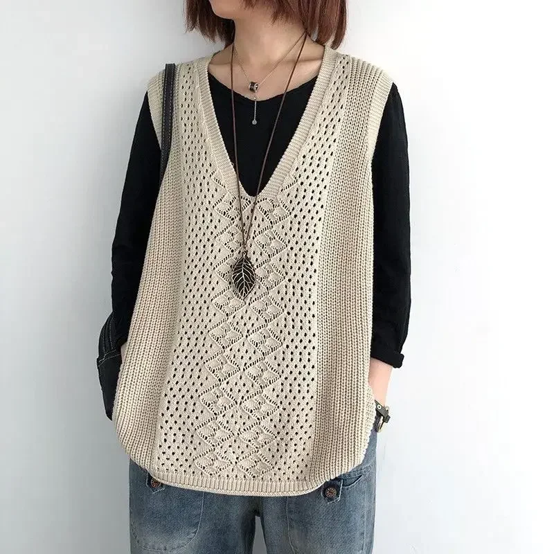 Winter Clothing Aesthetic - บางฤดูใบไม้ร่วงผู้หญิงวินเทจเสื้อกันหนาวแขนกุดขนาดใหญ่เสื้อกั๊กElegant Harajukuถักเสื้อกั๊กความงามเสื้อผ้าOutwear