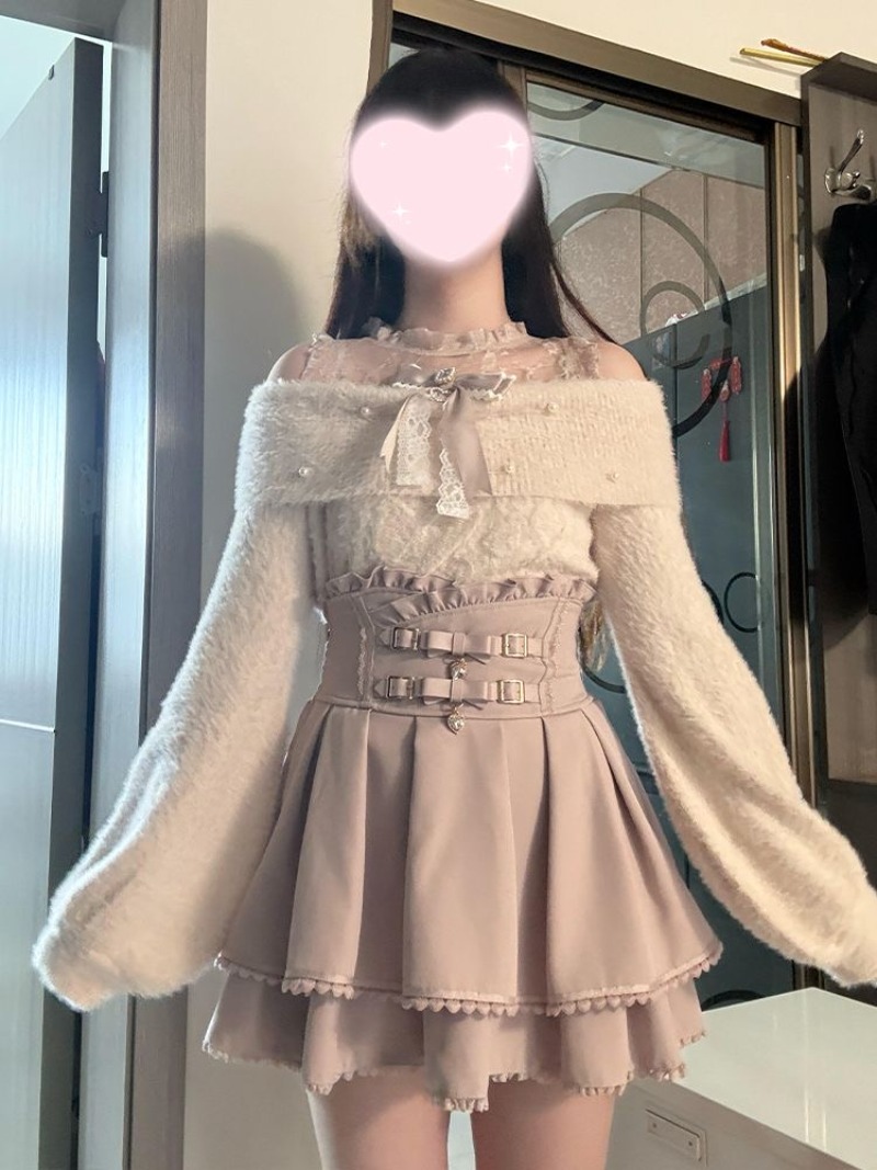 Clothing Style Winter - สไตล์ญี่ปุ่นหวานๆ โลลิต้า เสื้อสเวตเตอร์เปิดไหล่+กระโปรงเอวสูงสีชมพู ชุดฤดูใบไม้ร่วง/ฤดูหนาว ใหม่ น่ารัก