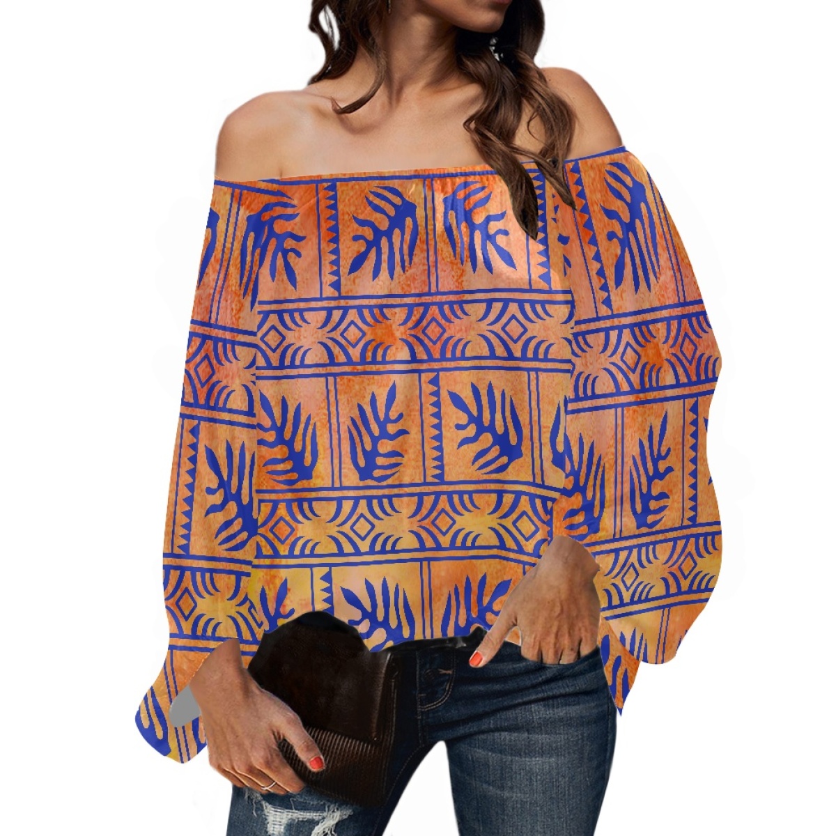 Winter Clothing Ladies - เสื้อผ้าชนเผ่าโพลินีเซียน ลายพิมพ์แบบซามัว ทาปา ตองกา แขนยาวพองทรงหลวม เสื้อชีฟองเปิดไหล่สำหรับผู้หญิง