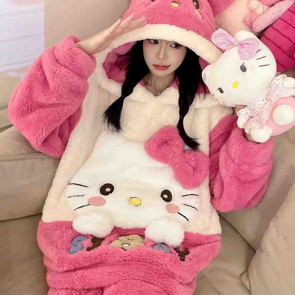 Winter Clothing Cute - ชุดนอนแขนยาวลายการ์ตูน Hello Kitty Kuromi สำหรับผู้หญิง ผ้ากำมะหยี่คอรัล