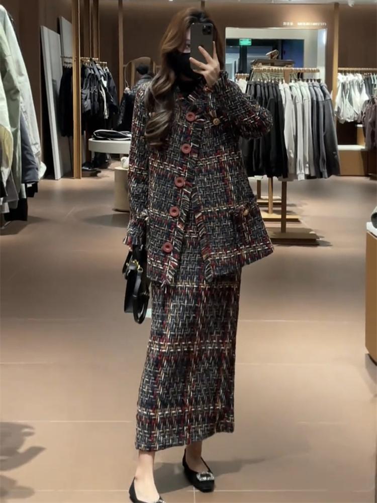 Winter Clothing Online - ชุดเซ็ตสองชิ้น เสื้อโค้ทสไตล์หรูหราทันสมัย ผ้าทอลายหยาบ กลิ่นอายความหอมอ่อนๆ พร้อมกระโปรงทรงเอเข้ารูป สำหรับผู้หญิง