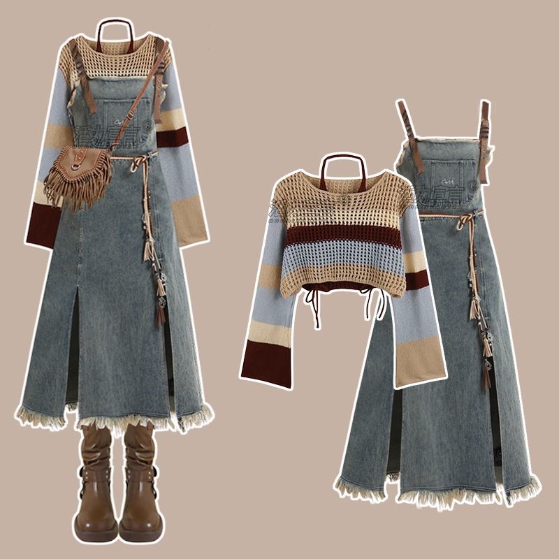Winter Clothing Ladies - ชุดเซ็ตกระโปรงยีนส์วินเทจใหม่ประจำฤดูใบไม้ผลิปี 2026 เสื้อถักทรงหลวมแบบโปร่งสำหรับผู้หญิง + ชุดเดรสผ่าข้างเซ็กซี่แบบสองชิ้น