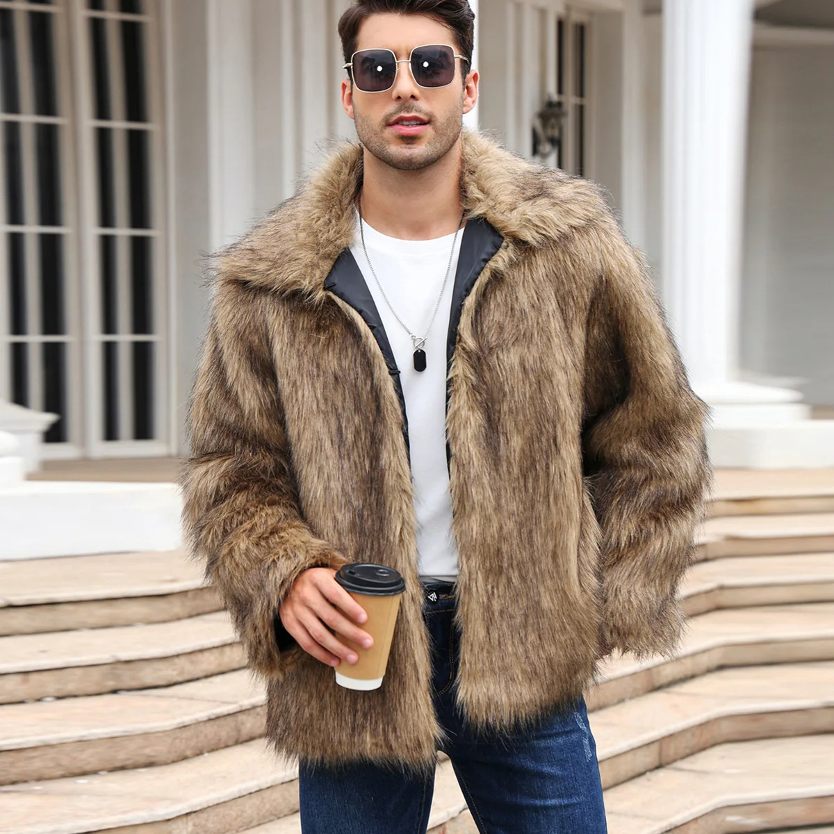 Winter Clothing Cute - ผู้ชายFaux Foxขนสัตว์เสื้อแจ็คเก็ตฤดูหนาวหนาหนาแขนยาวWarm Shaggy Jacketหรูหราเสื้อขนสัตว์Bontjasแจ็คเก็ตบุรุษ