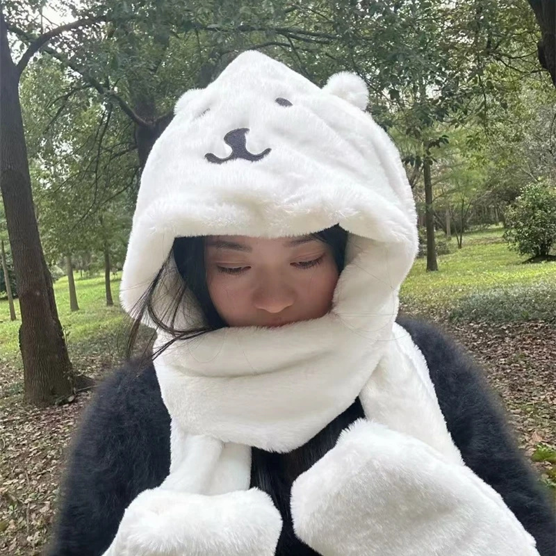 Winter Clothing Cute - หมวกคลุมศีรษะแบบหนานุ่ม 3 in 1 ลายการ์ตูนหมีน่ารัก ผ้าฟลีซ