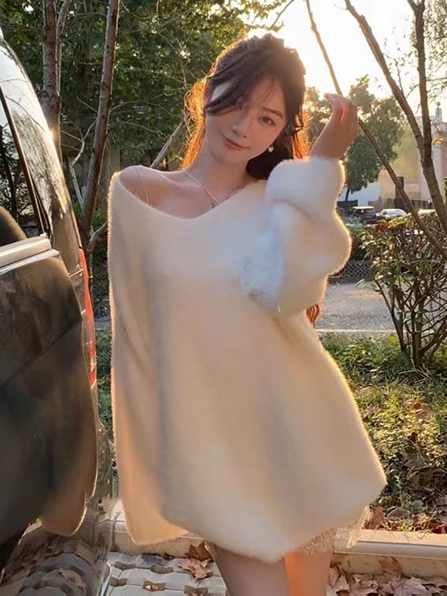 Pullovers ผู้หญิงสีชมพู V คอฤด - Winter Clothing Aesthetic บทวิจารณ์และราคา