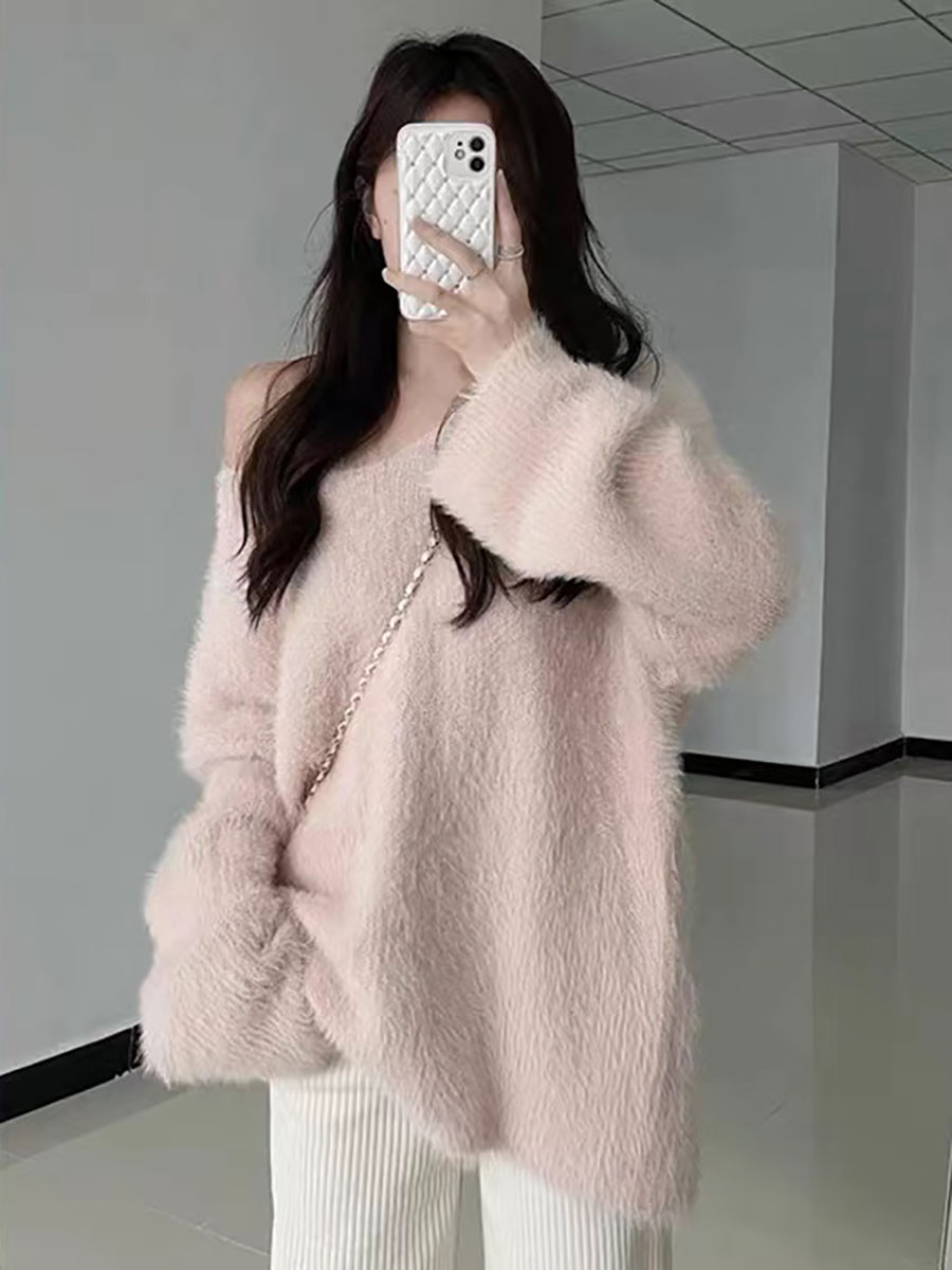 Pullovers ผู้หญิงสีชมพู V คอฤด - Winter Clothing Aesthetic บทวิจารณ์และราคา